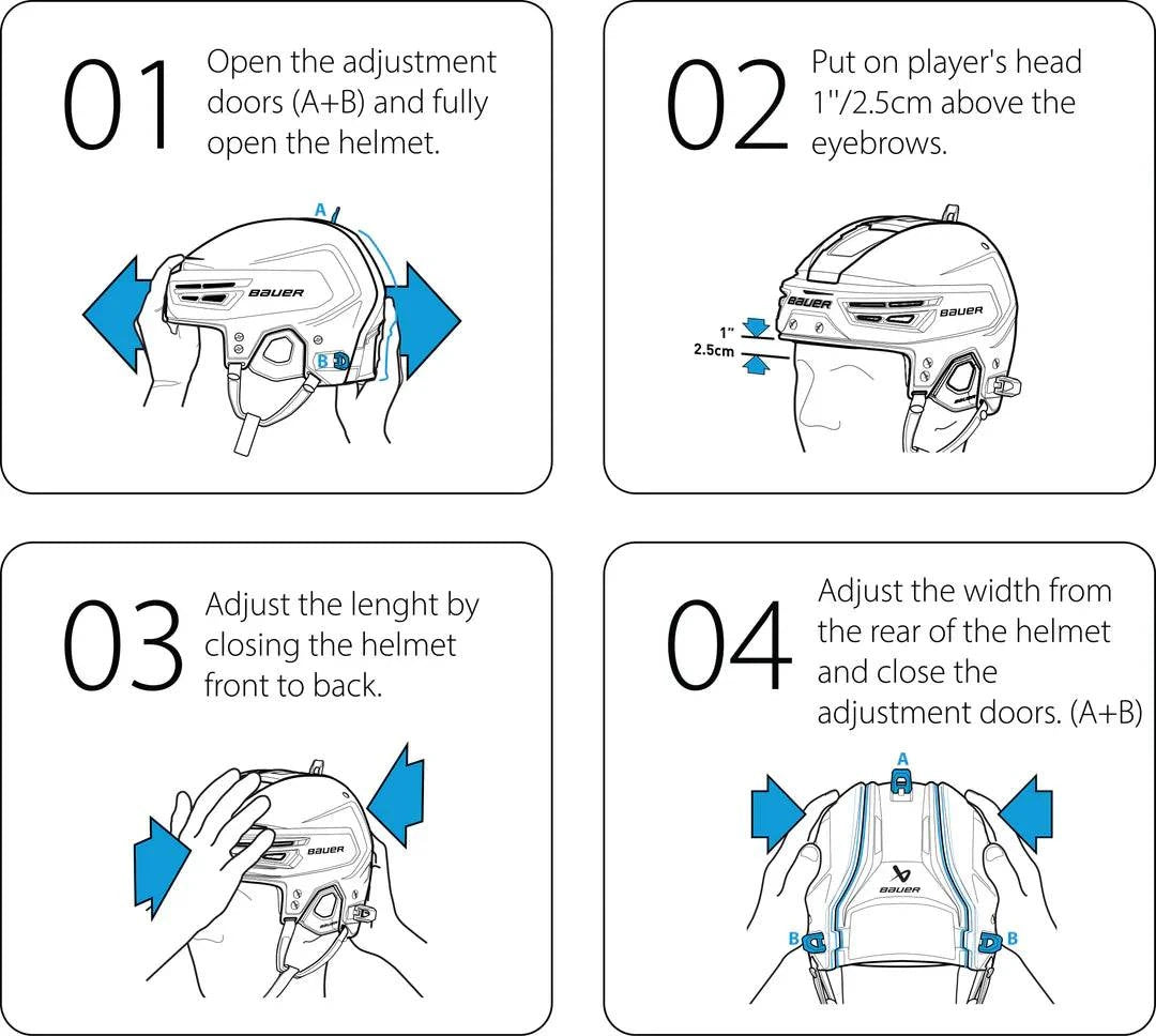 Instructions for adjusting Bauer Re-akt 155 Hockey Helmet Combo for optimal fit.