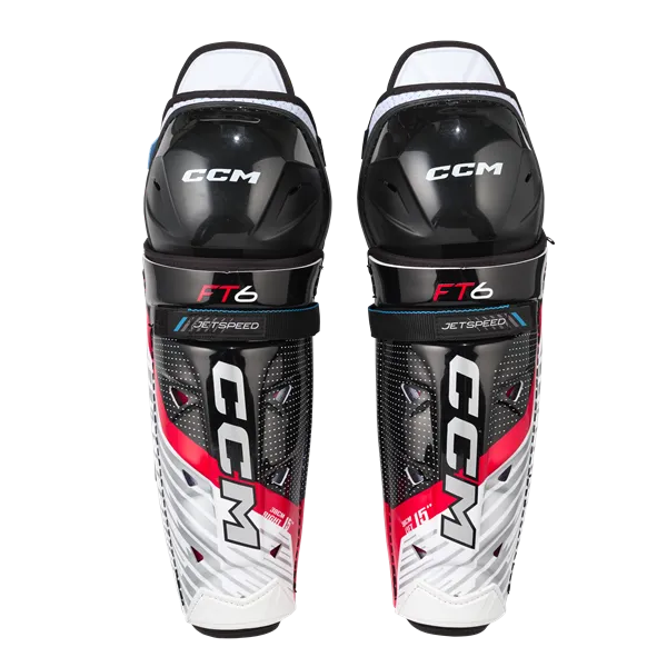 CCM Jetspeed FT6 Shin Pads with AER-TEC thermoregulation system and foam padding.