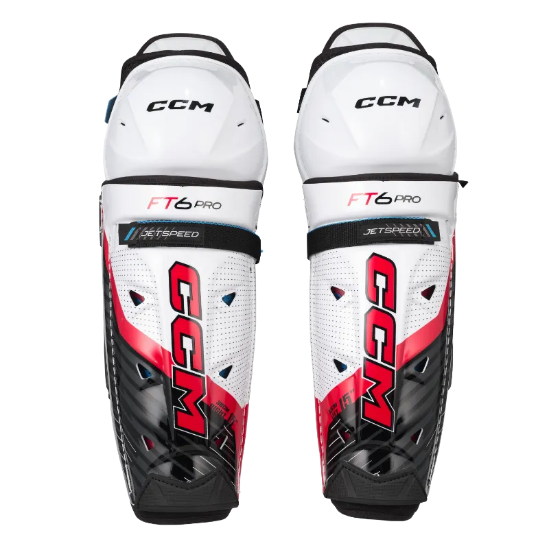 CCM Jetspeed FT6 Pro Shin Pads with AER-TEC technology for ventilation and comfort.