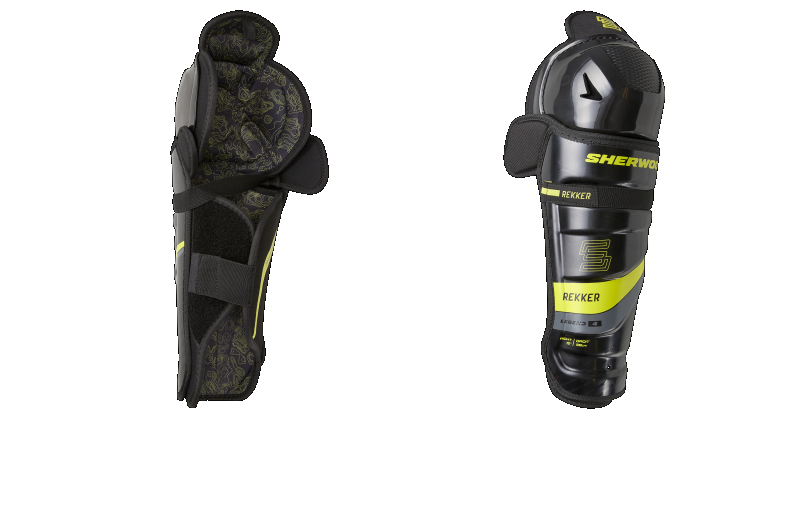 Sherwood Rekker Legend 4 Shin Pad, black and yellow design, side and front view.