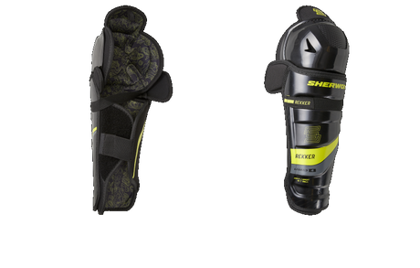 Sherwood Rekker Legend 4 Shin Pad, black and yellow design, side and front view.