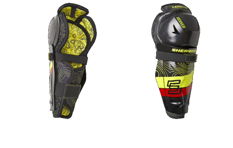 Sherwood Rekker Legend 4 Shin Pad, black and yellow design, front and side view.