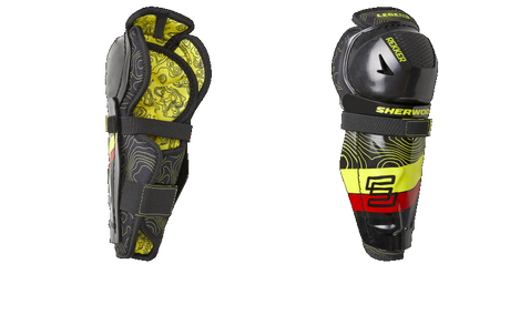 Sherwood Rekker Legend 4 Shin Pad, black and yellow design, front and side view.