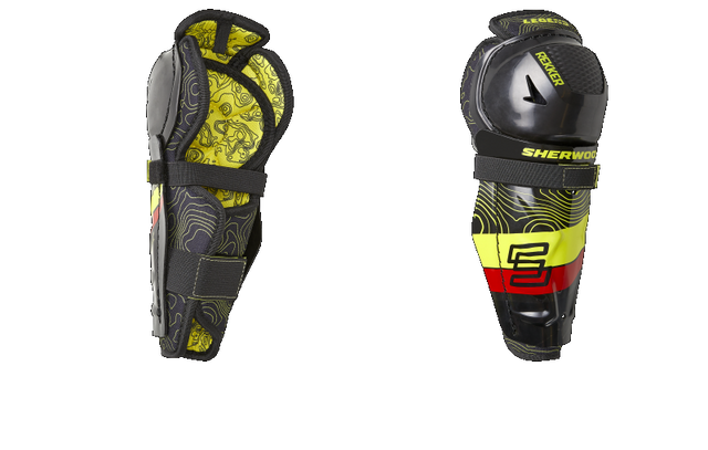 Sherwood Rekker Legend 4 Shin Pad, black and yellow design, front and side view.