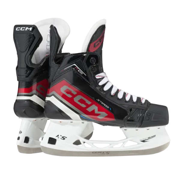 CCM Jetspeed FT670 Intermediate Hockey Skates with ONE PIECE BOOT technology for direct energy transfer and snug fit.