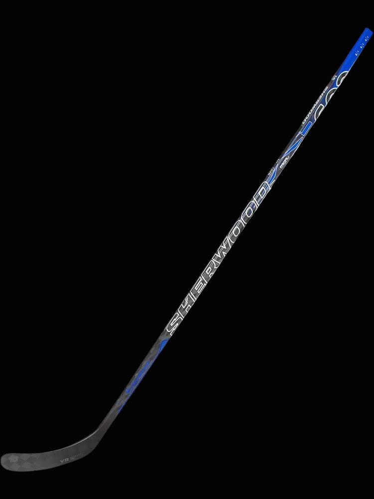 A Sherwood hockey stick with a black base color and blue accents, featuring a curve blade and brand logos.