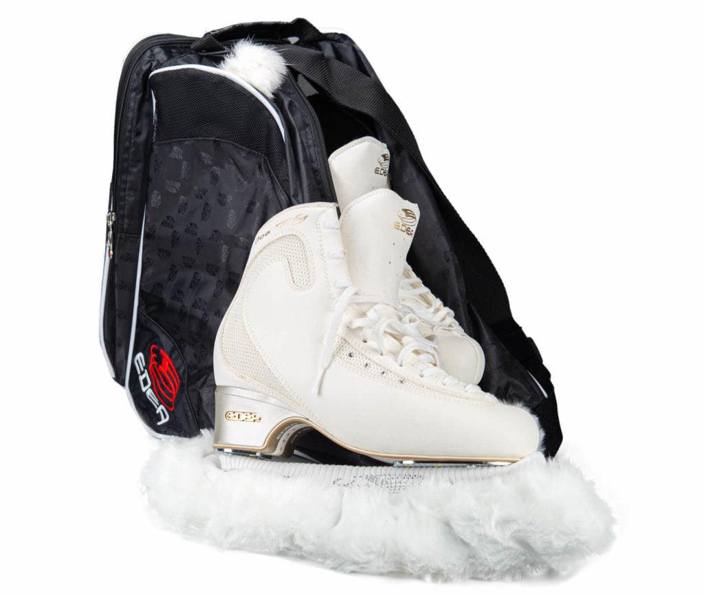 Edea Eco Fur Blade Covers with synthetic mink and rhinestone logo, protecting ice skate blades.