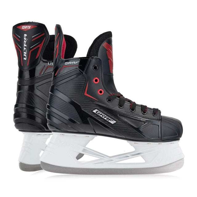 Graf Ultra G875 Ice Hockey Skate, black and red design, anatomically shaped with quick-drying microfibre lining.