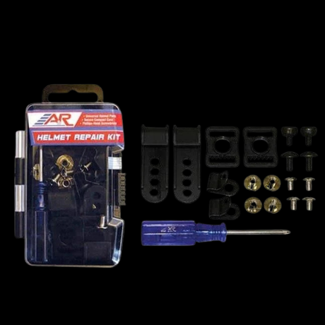 Helmet repair kit with tools on a black background