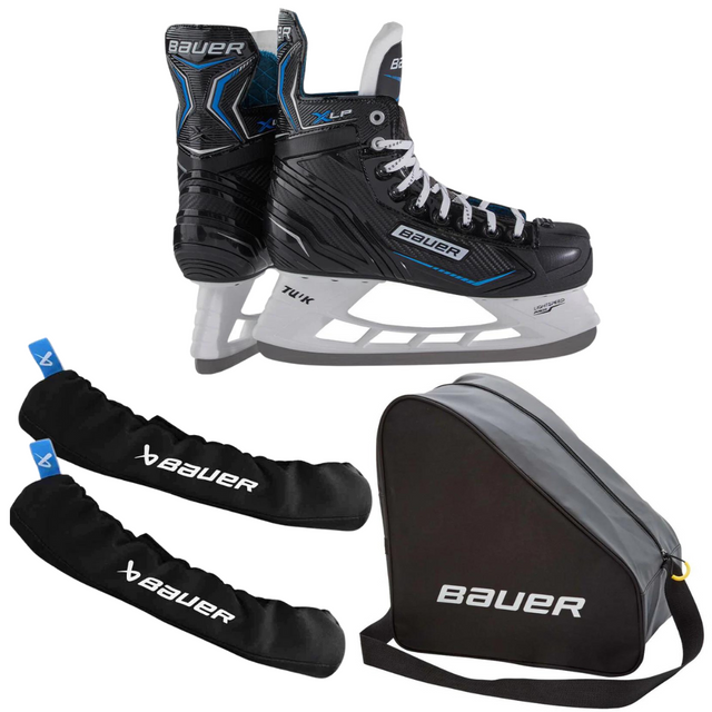 Bauer X-LP skate package with skates, skate bag, and skate guard bundle.