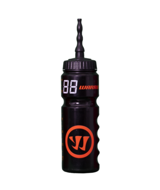 Warrior 0.75L Covert Drink Bottle, ergonomic design, recyclable LDPE, black with orange logo.