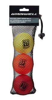 Winnwell Multi-Weather Balls 3 Pack in mesh bag, color-coded for different temperatures.