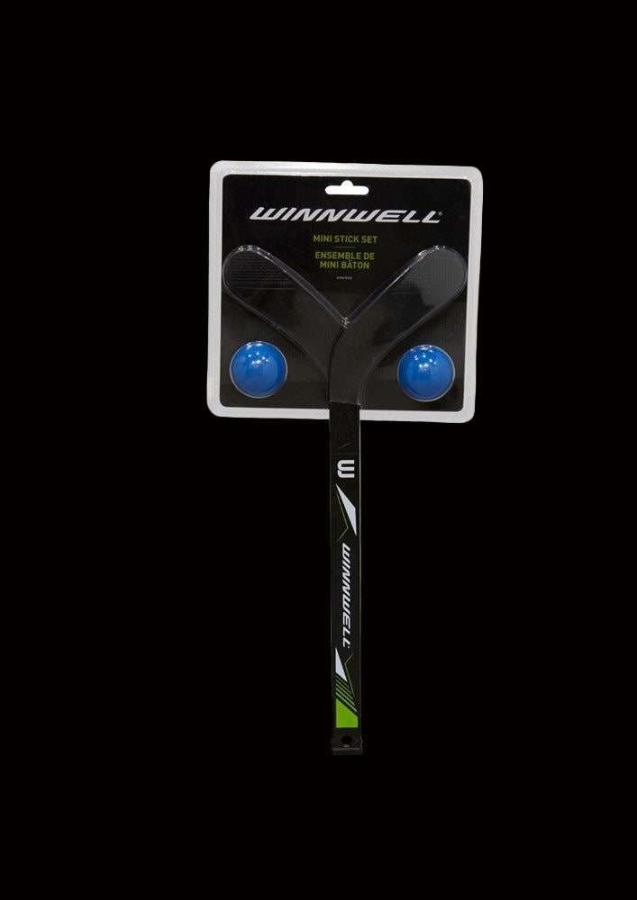 A set of Winnwell mini hockey sticks with two blue balls