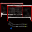 A set of Winnwell mini hockey goals with red frames and white netting, accompanied by two black mini hockey sticks and a blue EVA knee hockey ball.