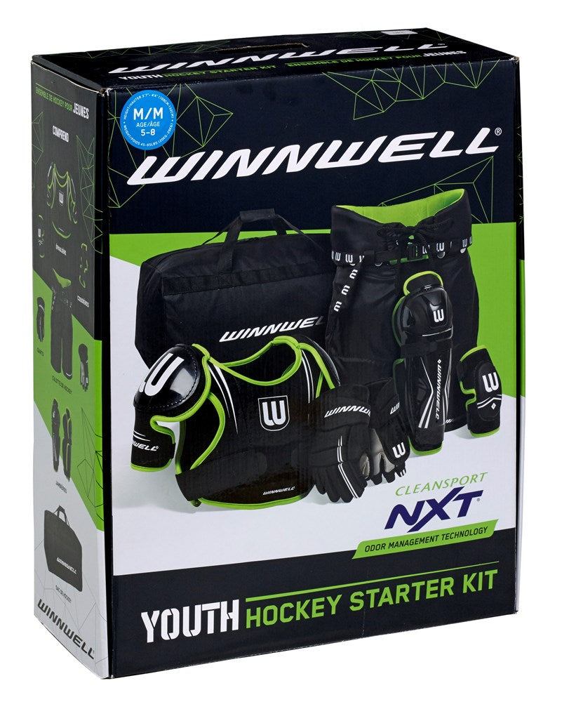 Winnwell Starter Kit for youth ice hockey, includes protective gear with Clean Sport NXT odor control, sizes small to large.