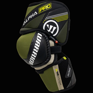 Warrior Alpha Pro hockey elbow pad on a black background