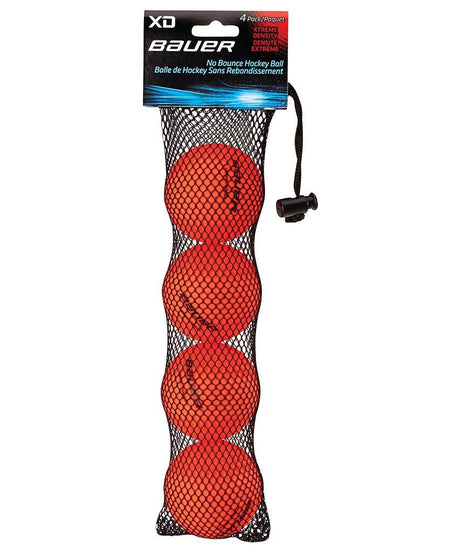 Bauer XD Xtreme Density No Bounce Hockey Balls 4 pack in mesh bag.