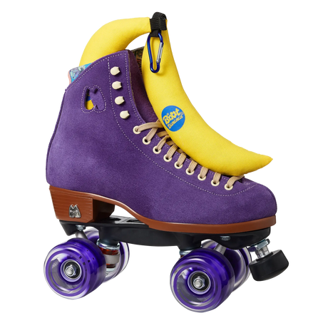 Boot Bananas shoe deodoriser inside purple roller skate, yellow banana-shaped design with carabiner clip, freshens and neutralizes odors.