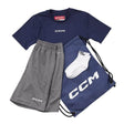 CCM Dryland Kit with navy T-shirt, grey shorts, white socks, and matching gym bag.