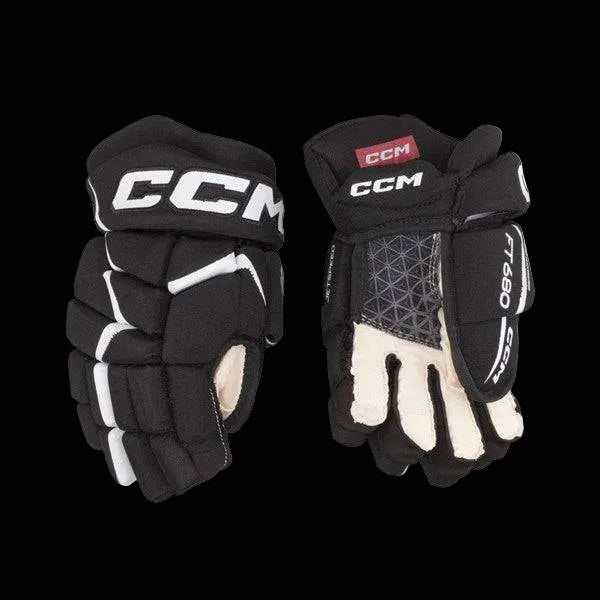 CCM Jetspeed FT680 Hockey gloves, black with reinforced PE foam, breathable mesh, and lightweight polyester.