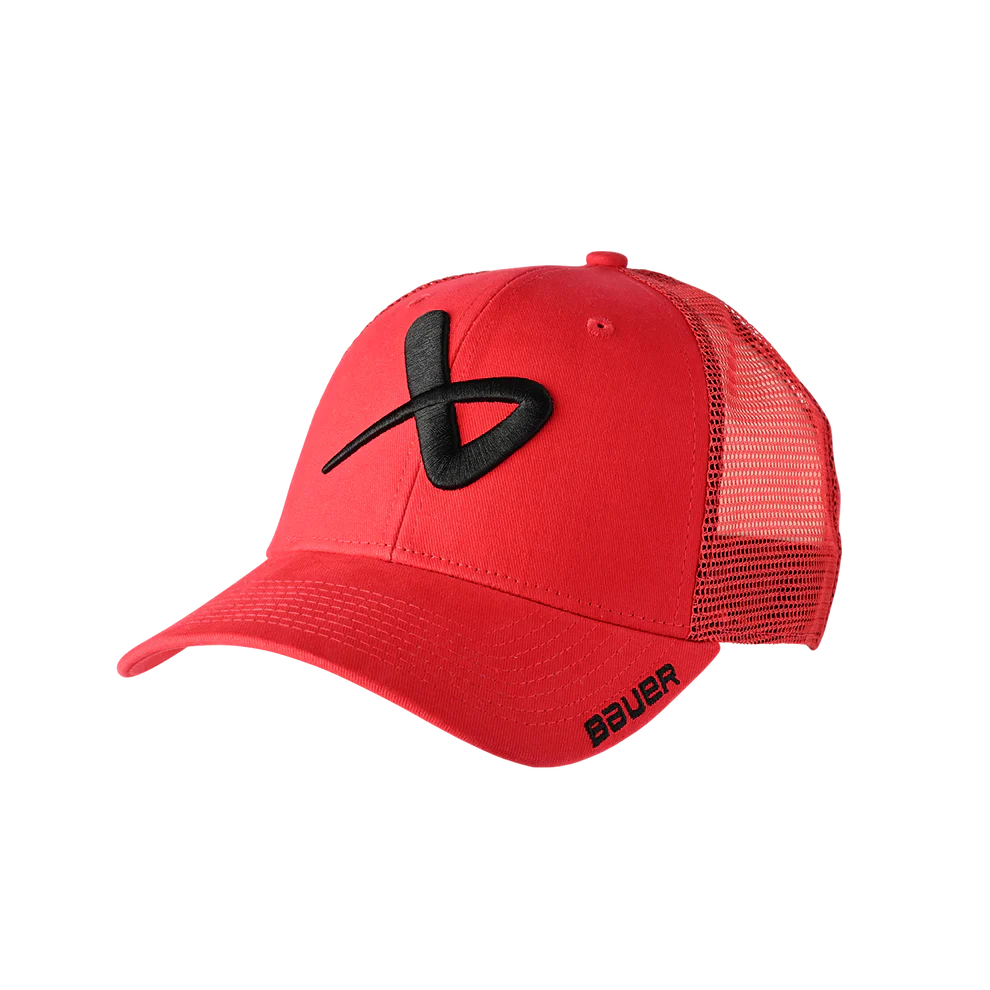 Bauer Core Adjustable SnapBack red cap with logo and mesh back.