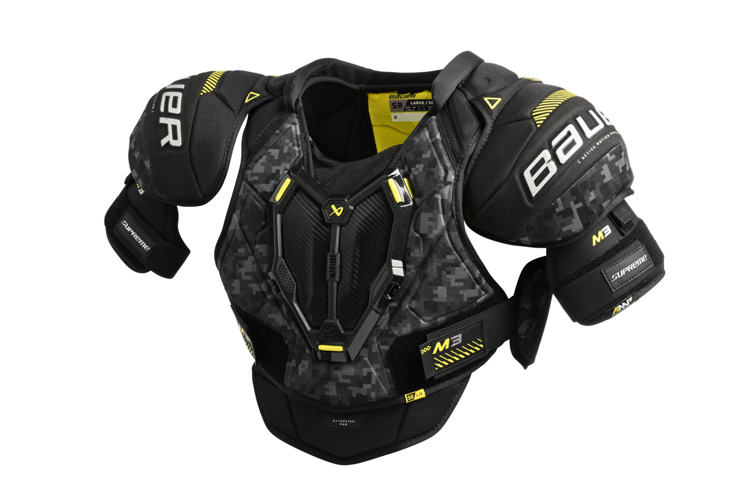Bauer Supreme M3 shoulder pads with full-coverage cap and adjustable protection for mobility and safety on ice.