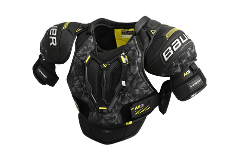 Bauer Supreme M3 shoulder pads with full-coverage cap and adjustable protection for mobility and safety on ice.