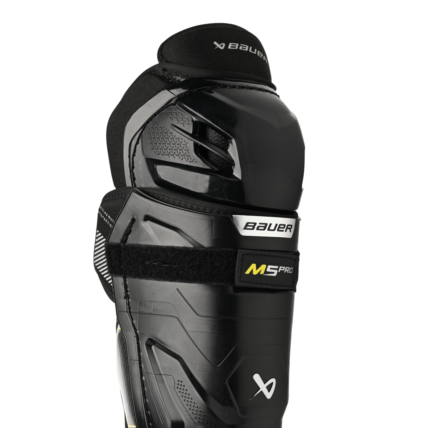 Bauer Supreme M5 Pro Shin Pads with X-FLEX Shield and anatomical design for competitive players.