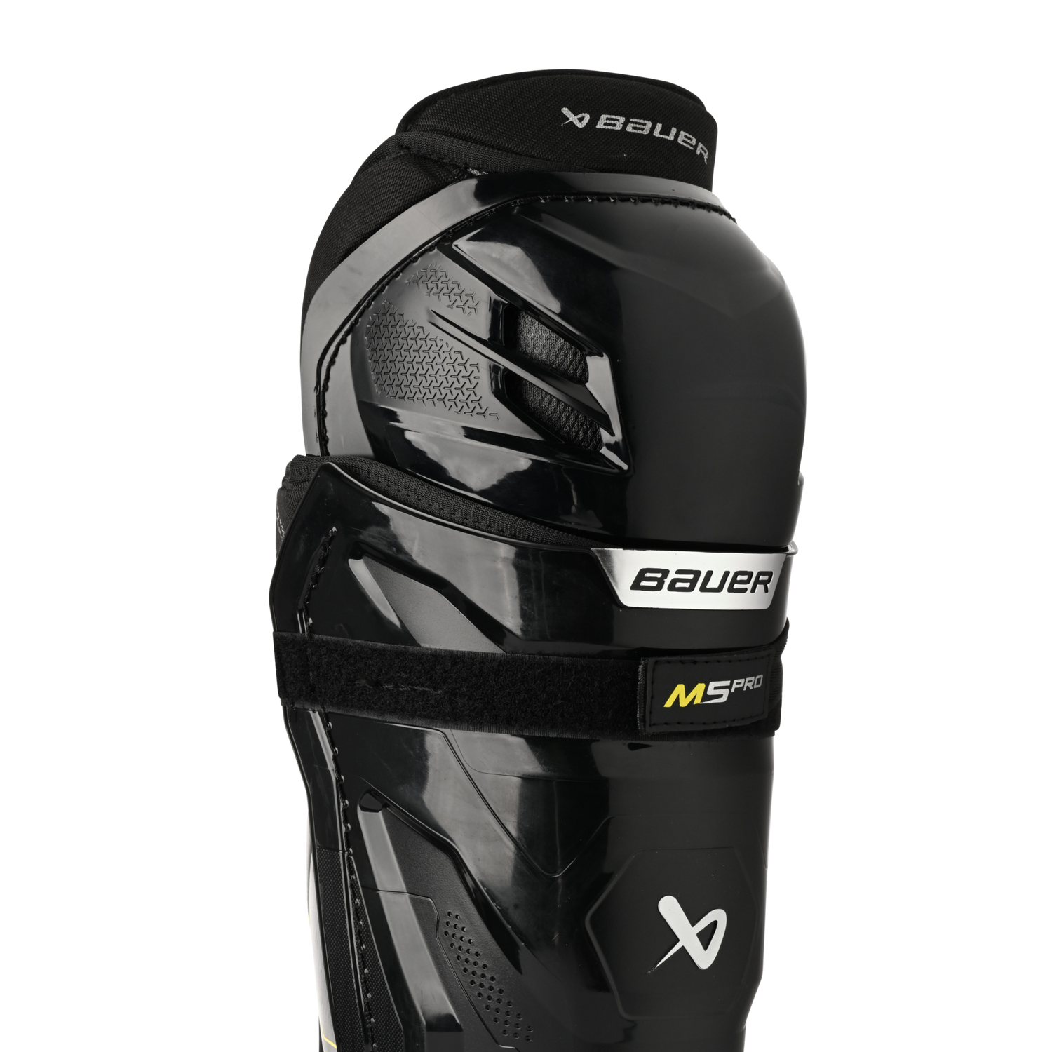 Bauer Supreme M5 Pro Shin Pads with X-FLEX Shield and floating knee cap for mobility and protection.