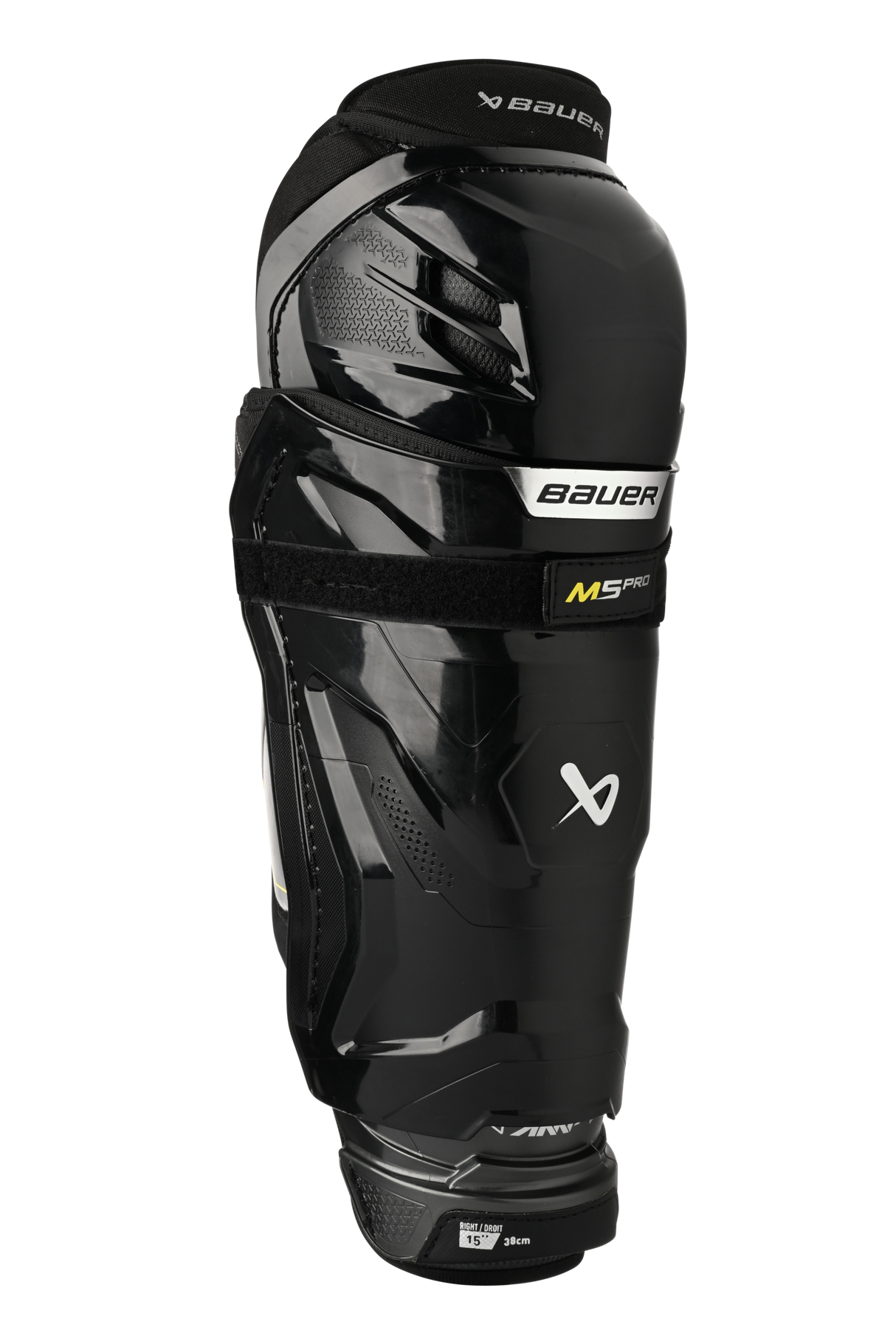 Bauer Supreme M5 Pro Shin Pads with X-FLEX Shield and floating knee cap for mobility and protection.