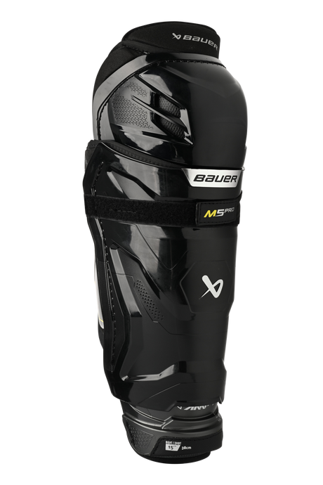 Bauer Supreme M5 Pro Shin Pads with X-FLEX Shield and floating knee cap for mobility and protection.