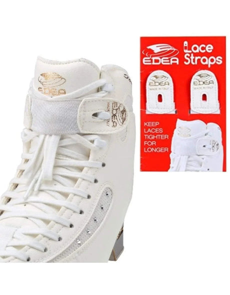 Edea Elastic Lace Straps on ice skate with packaging, available in white and black.