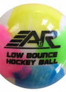 Multicolor low bounce A&R street hockey ball for stick handling and shooting practice.