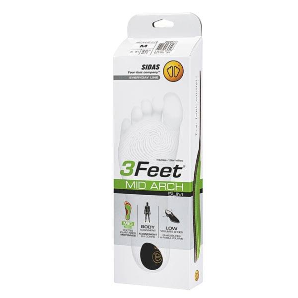 SIDAS 3FEET SLIM INSOLE packaging showing product features and size guide.