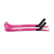 Pink ice hockey skate guards with hook for secure fit, protects blades, one size fits all, trim-to-fit.