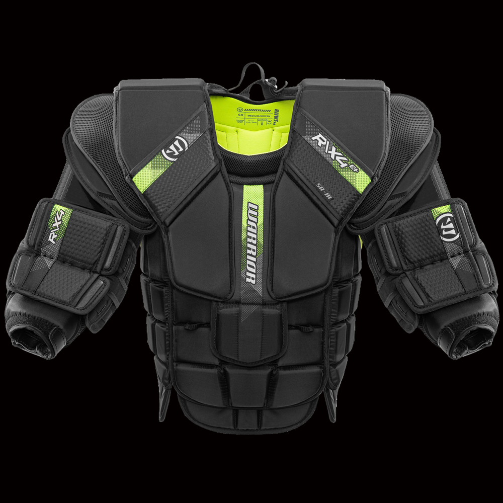A black Warrior Ritual X4 E+ goalie chest and arm protective gear with green and gray accents.