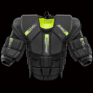 A black Warrior Ritual X4 E+ goalie chest and arm protective gear with green and gray accents.