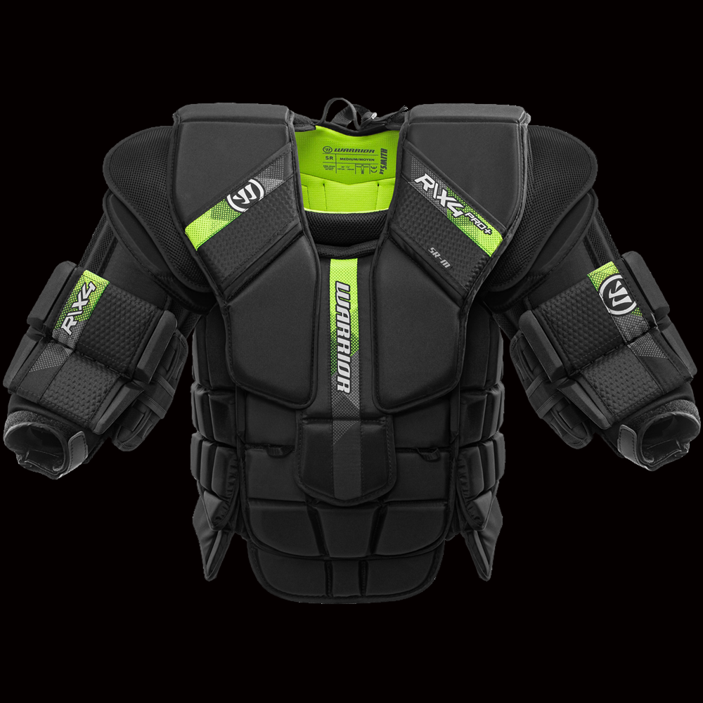 A black Warrior Ritual X4 PRO+ Goalie Chest & Arm with green accents designed for maximum protection and mobility in sports.