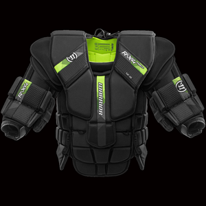 A black Warrior Ritual X4 PRO+ Goalie Chest & Arm with green accents designed for maximum protection and mobility in sports.