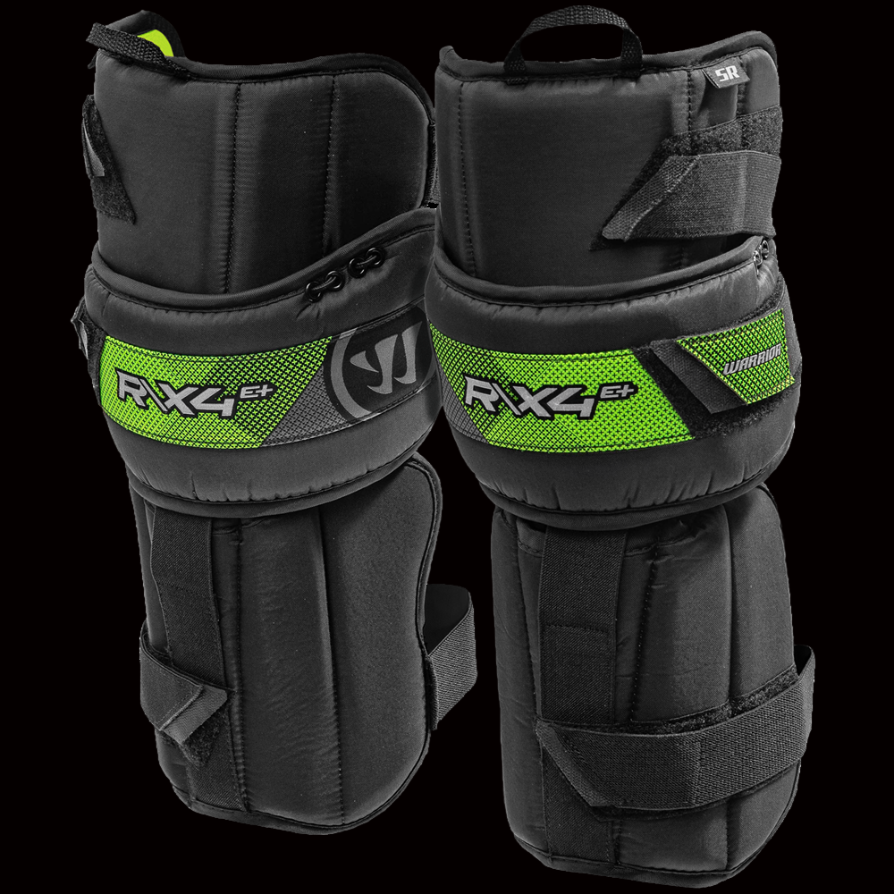 A pair of Warrior Ritual X4 E+ Goalie Knee Pads in black with green accents.