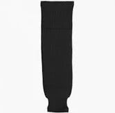 Knitted black hockey socks with elasticized ankle pads made of 100% polyester.