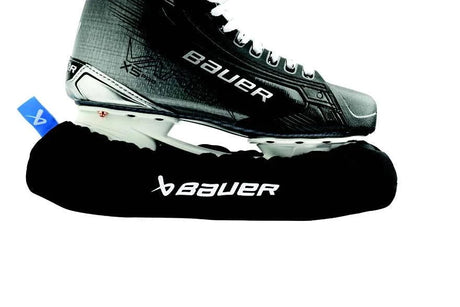 Bauer S23 Skate Guards on skate blades, black cover with logo.