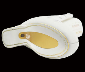EDEA Piano Figure Ice Skates Boot, advanced design, bottom view, white and gold accents