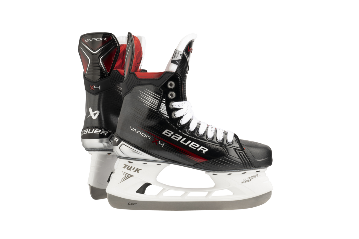 Bauer Vapor X4 Skates featuring lightweight Curv Composite, LS EDGE holder, LS PULSE SS blade, pro stock comfort tongue, and asymmetrical toe cap.