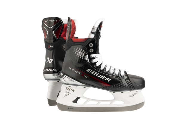 Bauer Vapor X4 Skates featuring lightweight Curv Composite, LS EDGE holder, LS PULSE SS blade, pro stock comfort tongue, and asymmetrical toe cap.