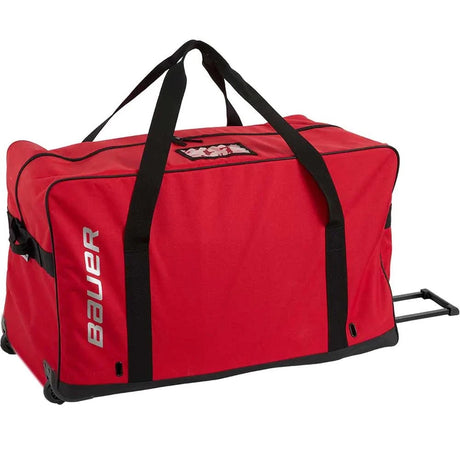 Bauer Core Wheeled Bag in red with heavy-duty 600D poly construction, ample space, and ventilation.