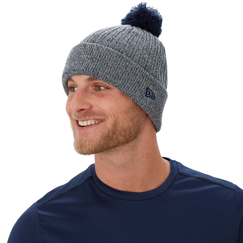 Blue Bauer New Era Team Marl Pom Knit Hat with cuff design and logo.