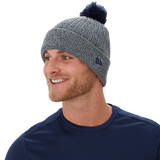 Blue Bauer New Era Team Marl Pom Knit Hat with cuff design and logo.