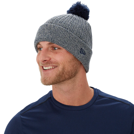 Blue Bauer New Era Team Marl Pom Knit Hat with cuff design and logo.