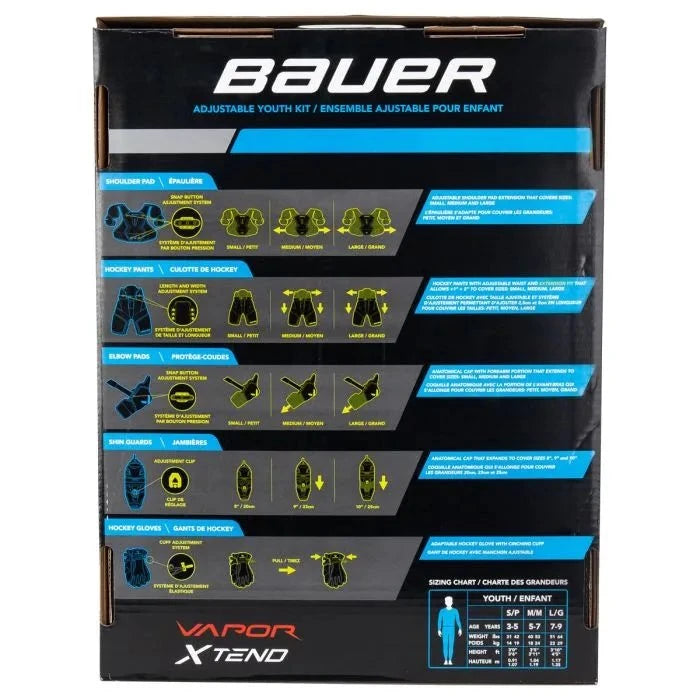 Bauer XTend Youth Starter Kit packaging with adjustable youth hockey gear diagram.